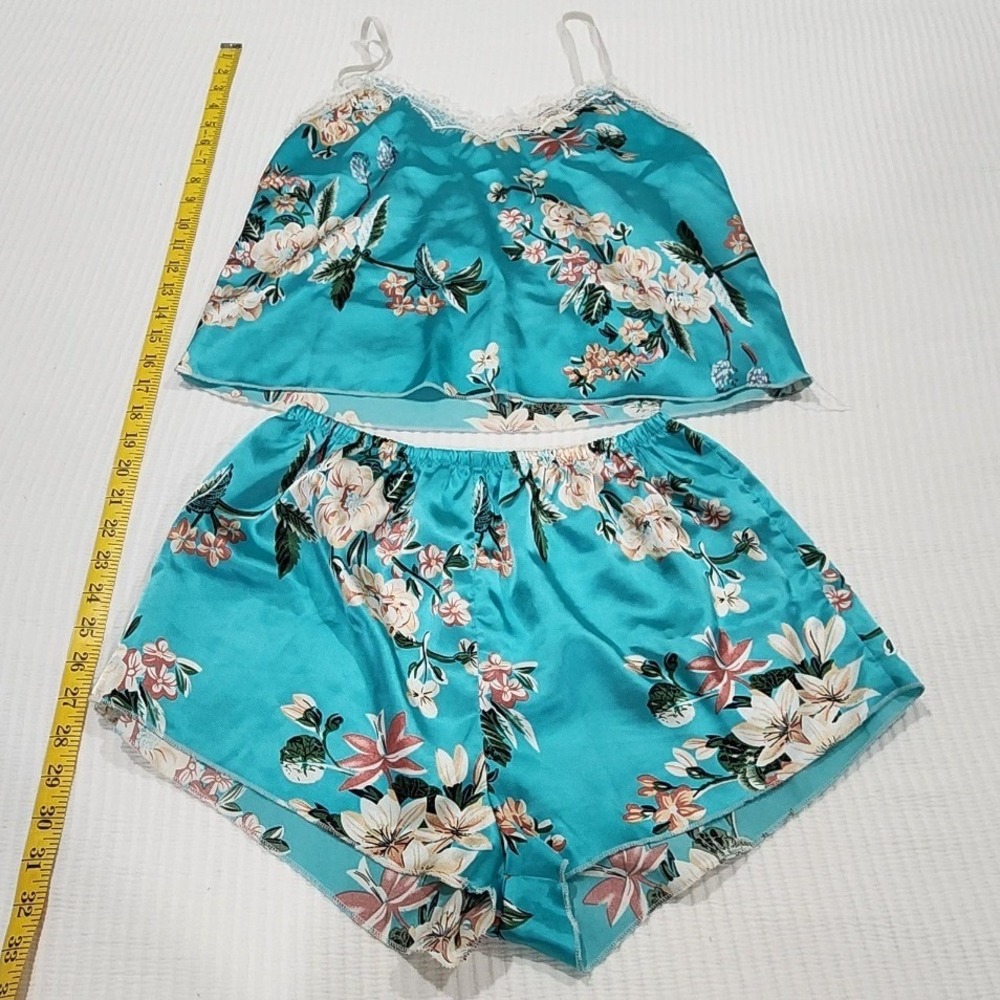Floral Satin Pajama Set Teal Blue Lace Trim Cami and Shorts Sleepwear Womens